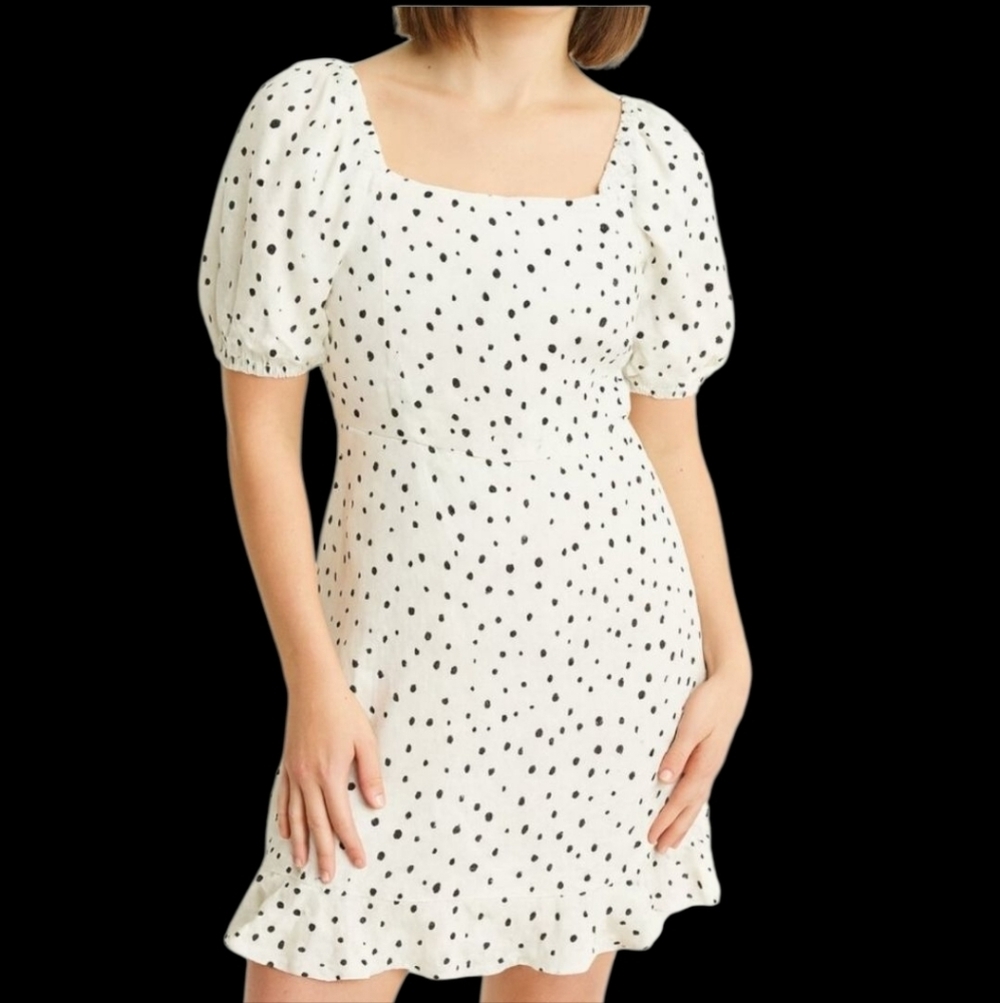 LOFT Black & White Linen Blend Tie Back Short Sleeve Ruffled Dress